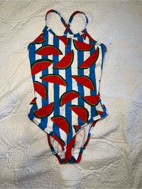 Hanna Andersson Blue & White Stripe Watermelon One-Piece Swimsuit